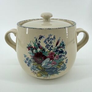 Home & Garden Party Bean Pot Floral Stoneware Cream Lidded Crock 2005